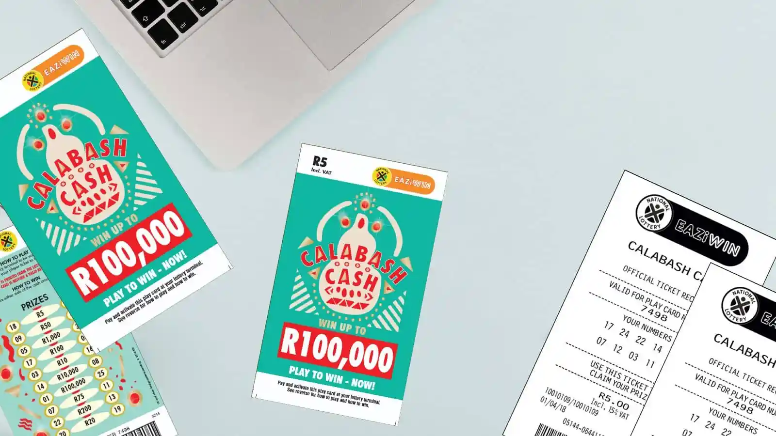 Calabash Cash scratch cards and receipts on office light color surface