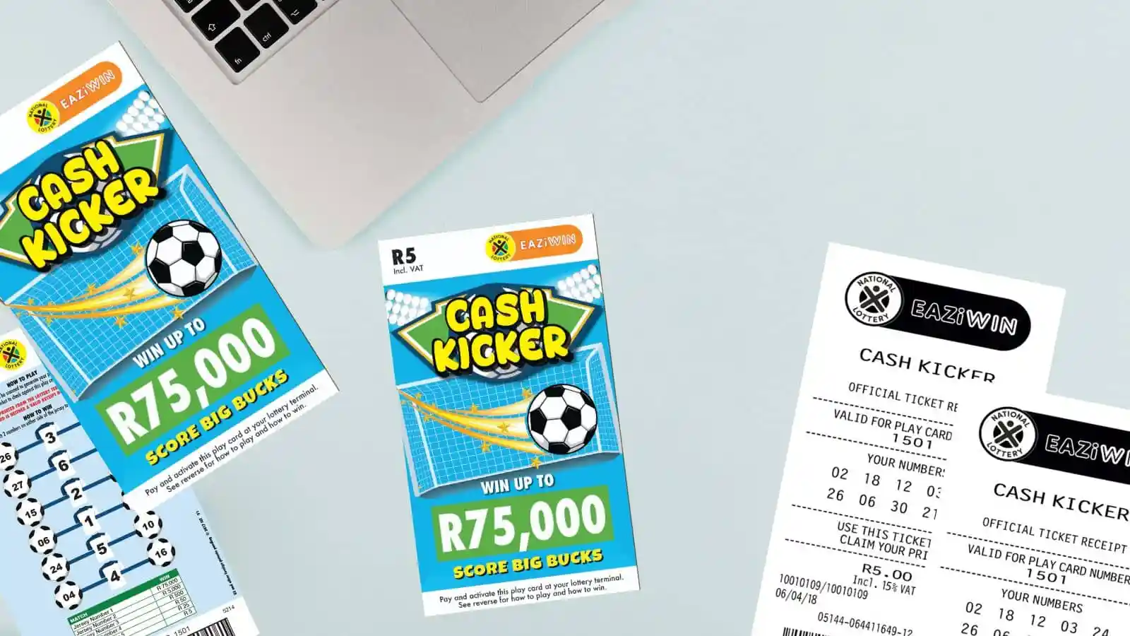 Cash Kicker scratch cards and receipts on office light color surface