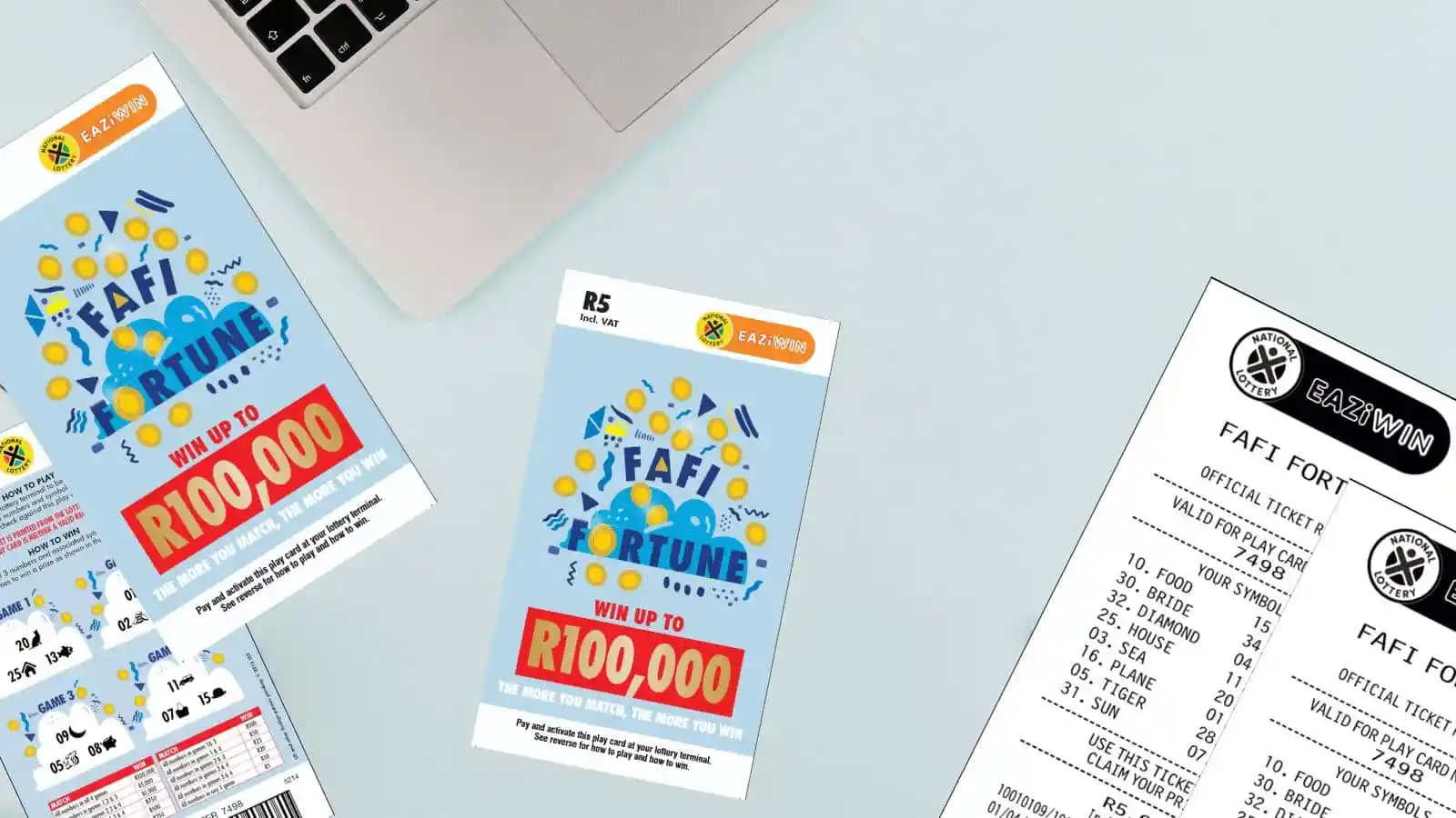 Fafi Fortune scratch cards and receipts on office light color surface