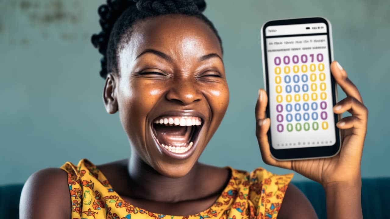 very happy woman showing his smatphone with lottery app opened