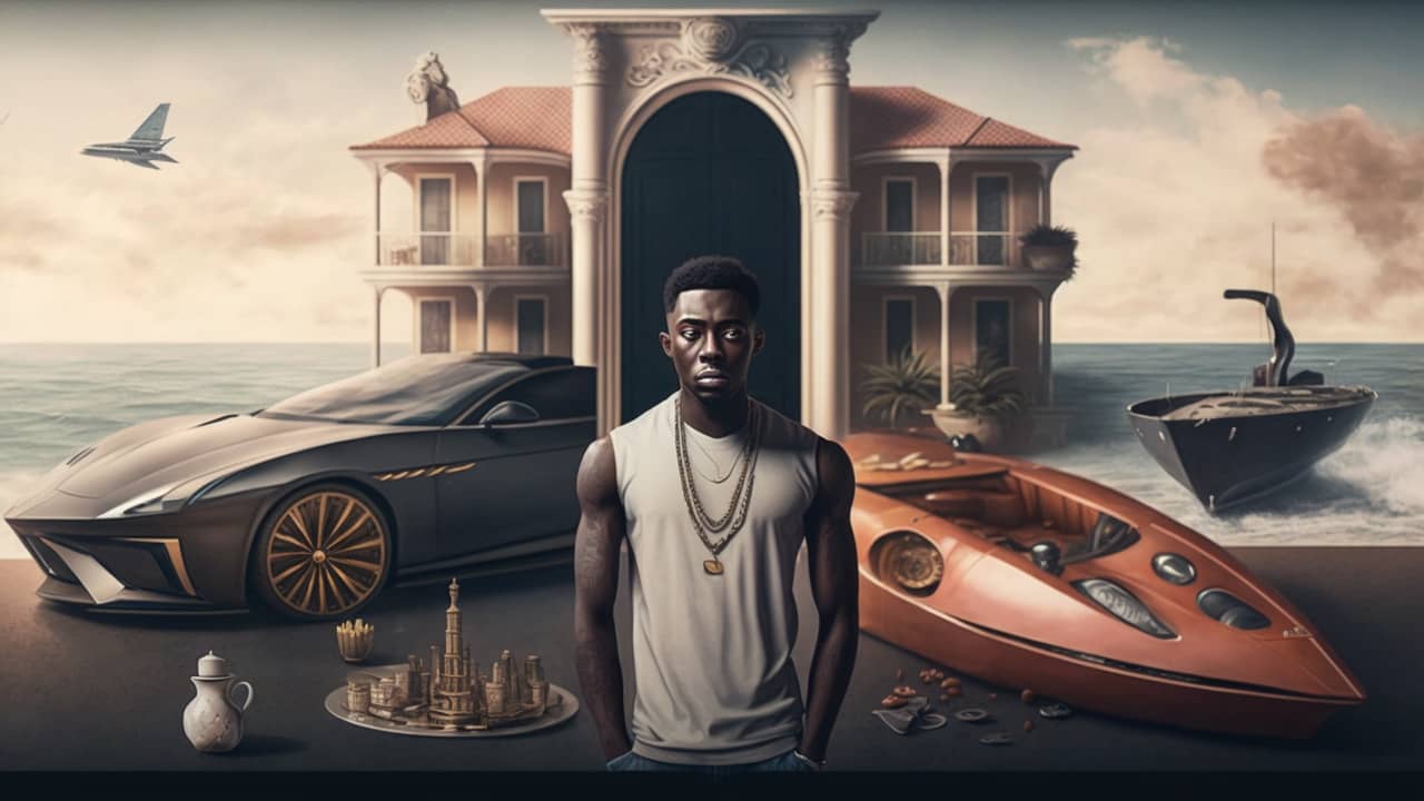 man standing in front of his luxury car, boat and mansion
