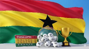 Ghana flag, lottery ticket, lottery balls, trophy