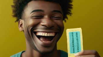 funny laughing person holding lottery ticket